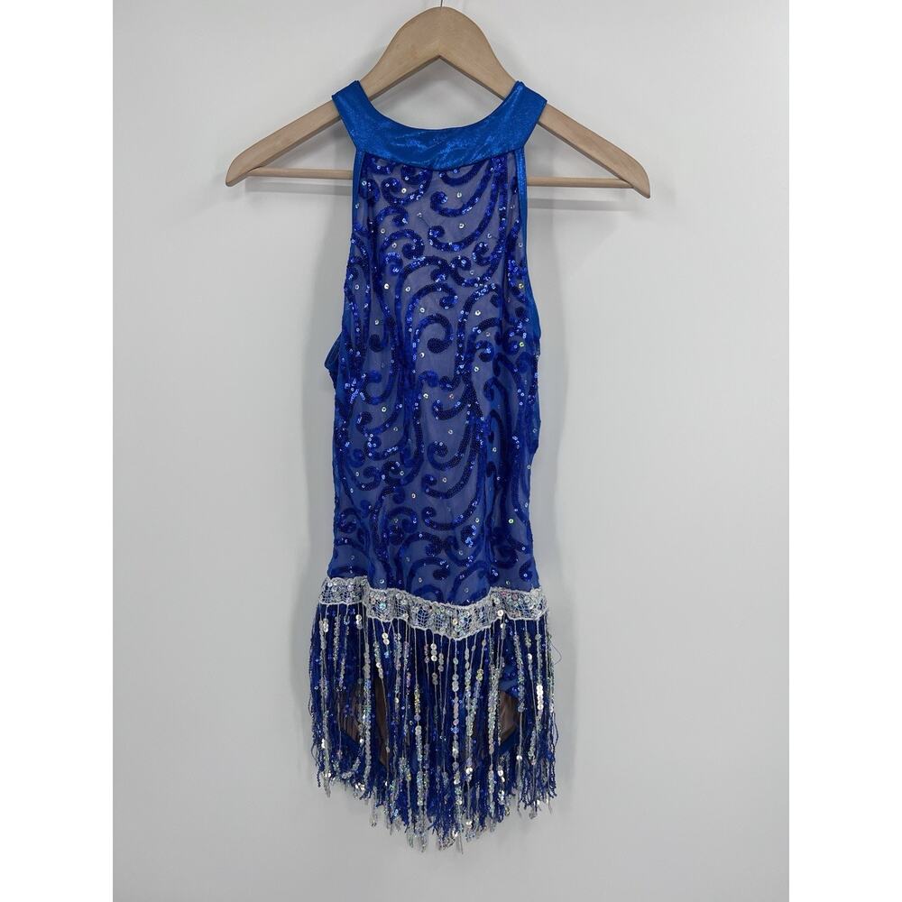Weissman Blue Sequin Fringe Dance Ice skating Leotard MA